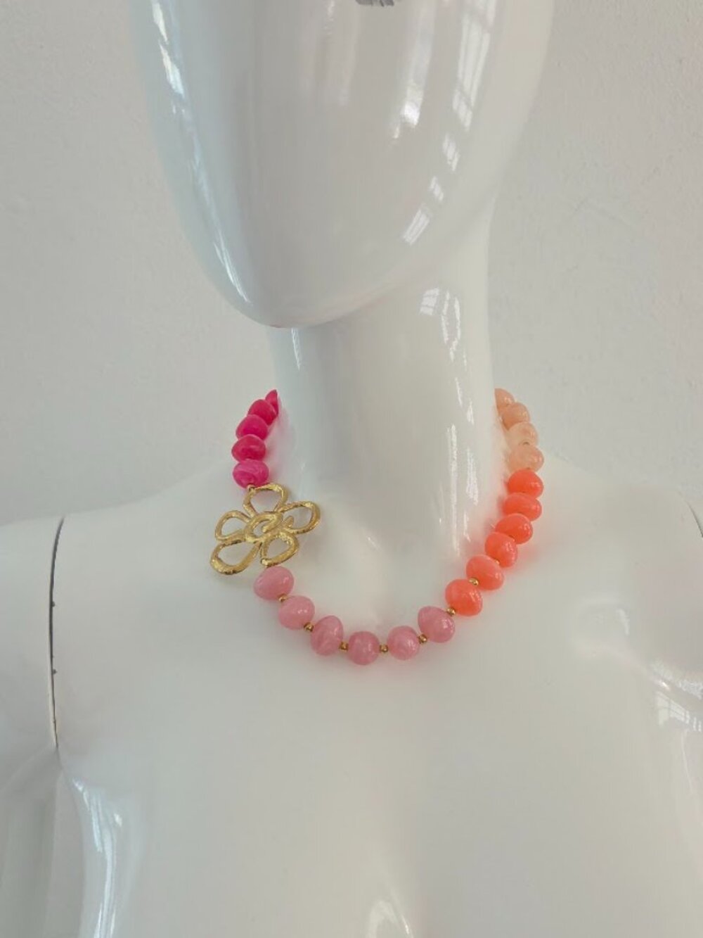 Pink Multicolor Beaded Gold Flower Statement Necklace - Picture 12 of 15
